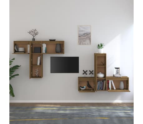 vidaXL Televizoriaus spintelės, 6vnt., medaus rudos, pušies masyvas