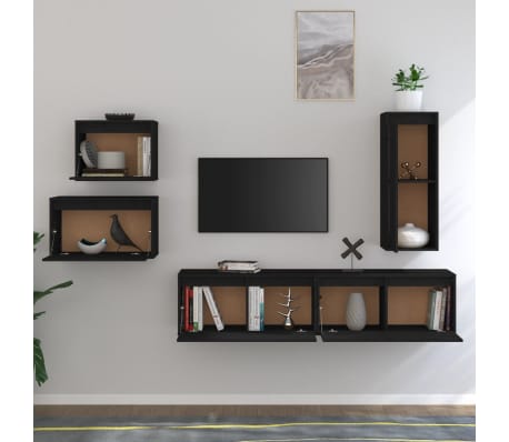 vidaXL Televizoriaus spintelės, 5vnt., juodos, pu&scaron;ies medienos masyvas