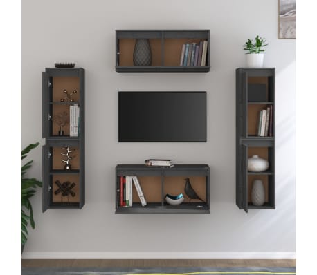 vidaXL Televizoriaus spintelės, 6vnt., pilkos, pušies medienos masyvas