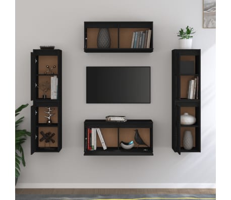 vidaXL Televizoriaus spintelės, 6vnt., juodos, pu&scaron;ies medienos masyvas