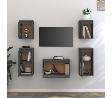 vidaXL Televizoriaus spintelės, 5vnt., pilkos, pu&scaron;ies medienos masyvas