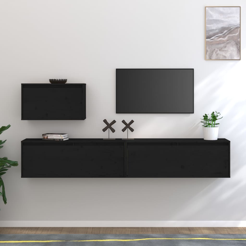 vidaXL Comode TV, negru, 3 buc., lemn masiv de pin