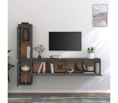 vidaXL Televizoriaus spintelės, 4vnt., pilkos, pu&scaron;ies medienos masyvas