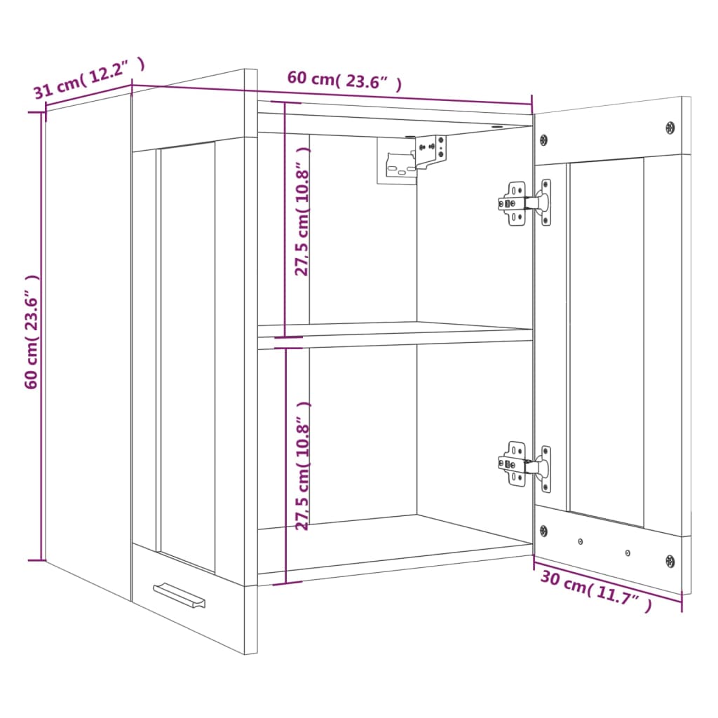 Dulap suspendat cu sticlă, gri sonoma, 60x31x60 cm, lemn