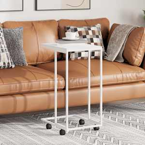 Stranska mizica s kolesi bela 40x30x63,5 cm inženirski les