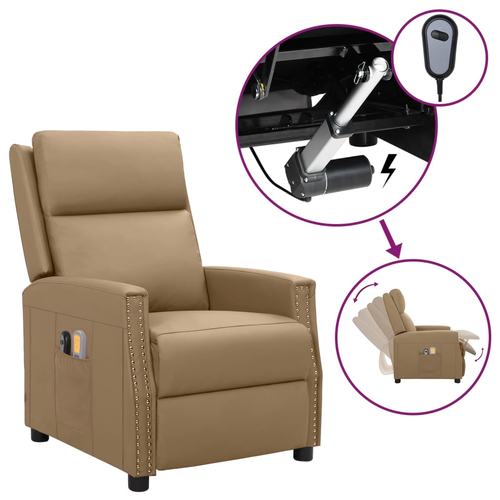 vidaXL Poltrona massagens reclinável elétrica couro art. cappuccino