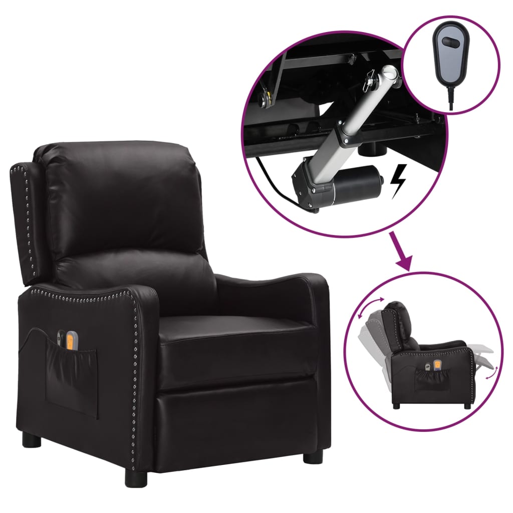 vidaXL Poltrona massagens reclin. elétrica couro art. brilhante preto