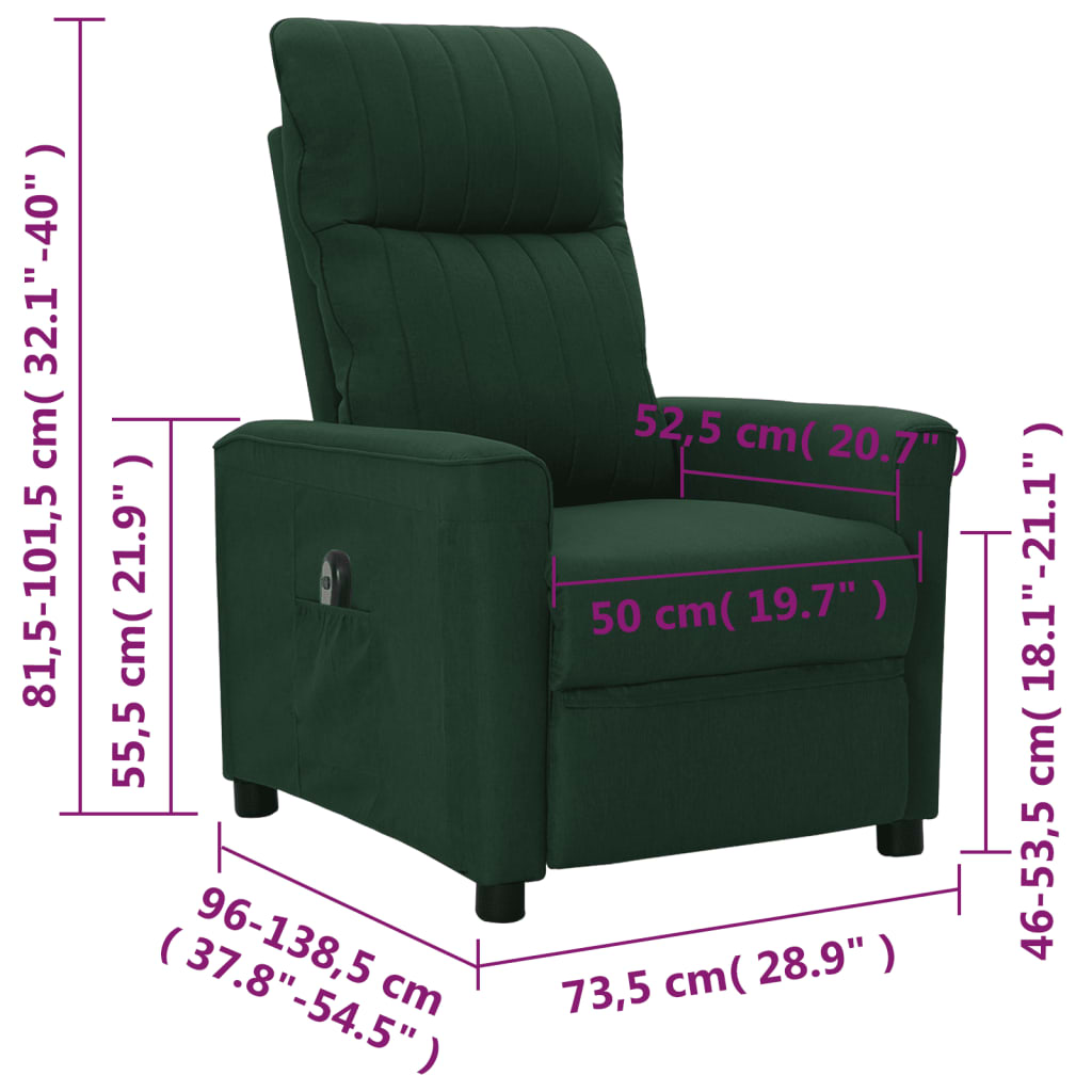 sötétzöld szövet elektromos dönthető fotel