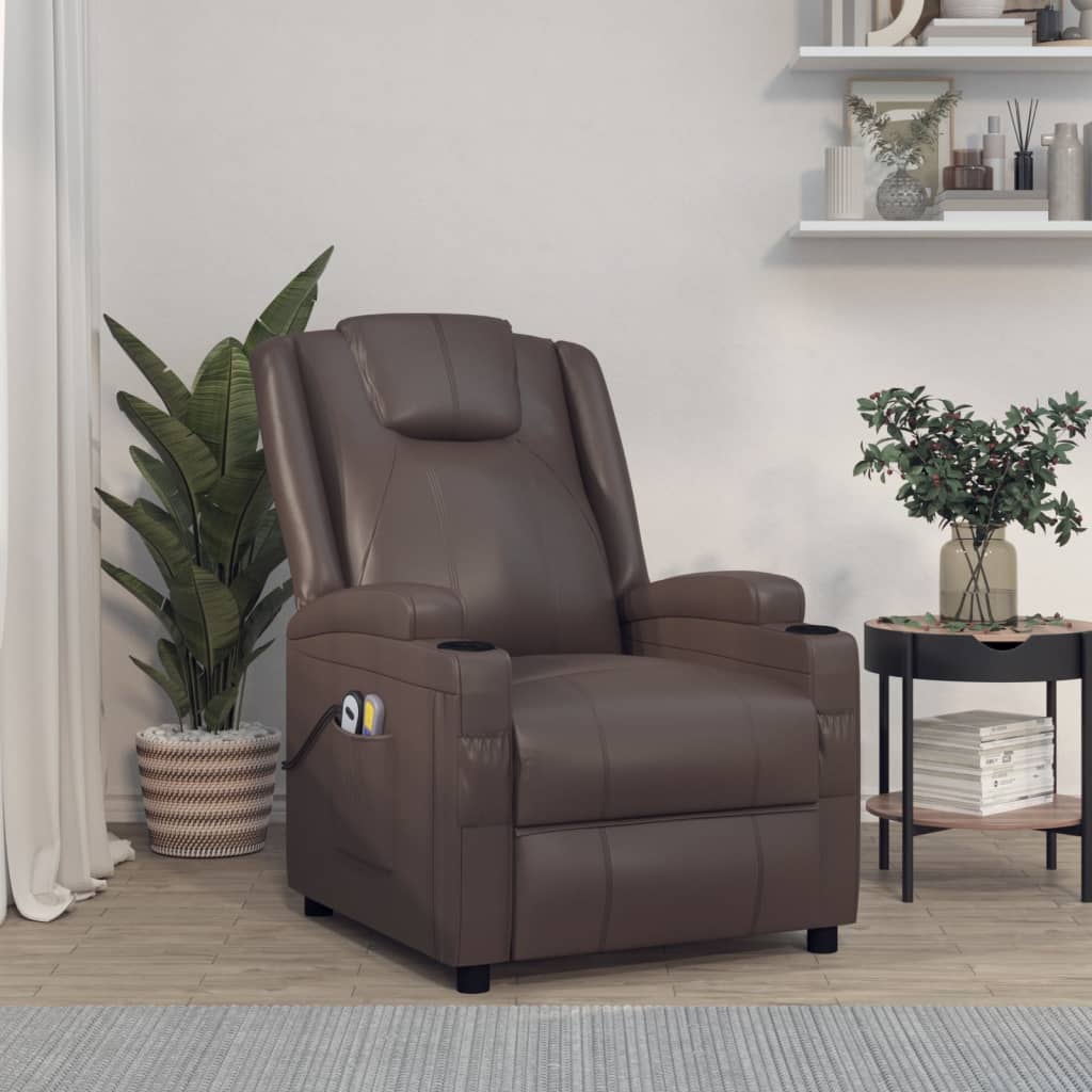 Poltrona de massagens elevatória couro artificial castanho