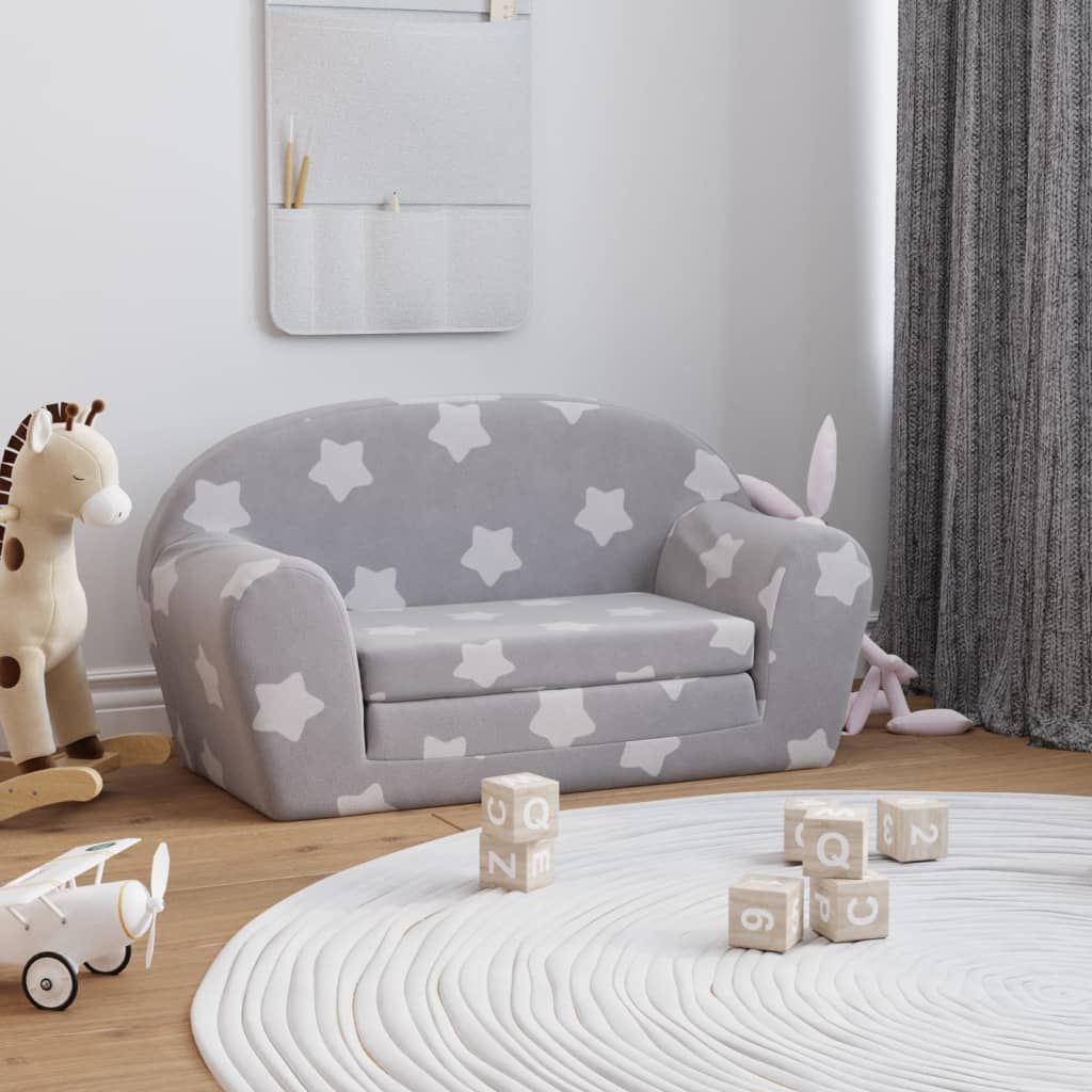 vida XL Kindersofa 2-Sitzer Hellgrau mit Sternen Weich Plüsch