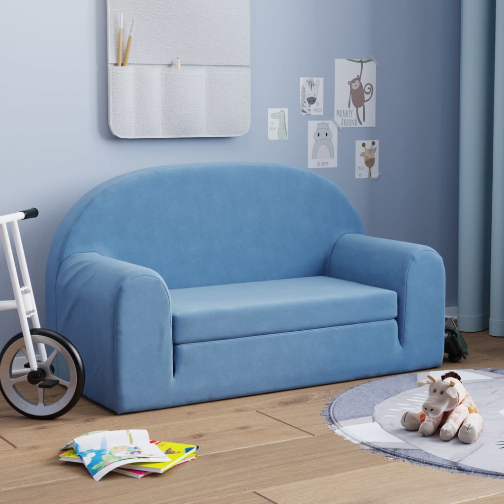 vida XL Kindersofa 2-Sitzer Blau Weich Plüsch