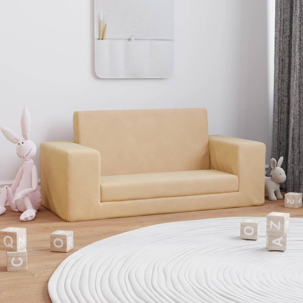 vidaXL 2-Sitzer Kindersofa mit Schlaffunktion Creme Weicher Plüsch