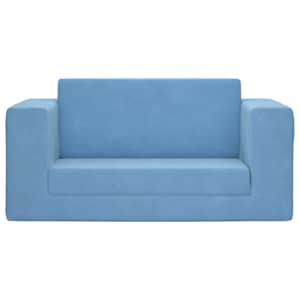 vidaXL Dvivietė vaiki&scaron;ka sofa-lova, mėlynos spalvos, mink&scaron;tas pliu&scaron;as