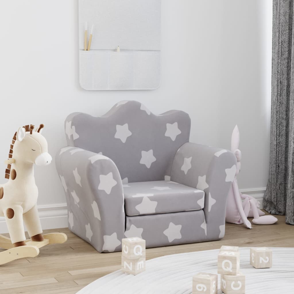 vida XL Kindersofa Hellgrau mit Sternen Weich Plüsch