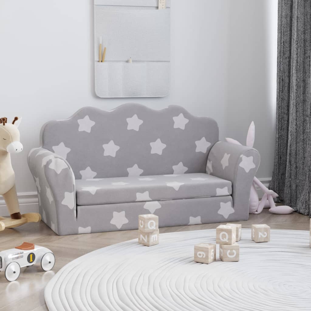 vida XL Kindersofa 2-Sitzer Hellgrau mit Sternen Weich Plüsch
