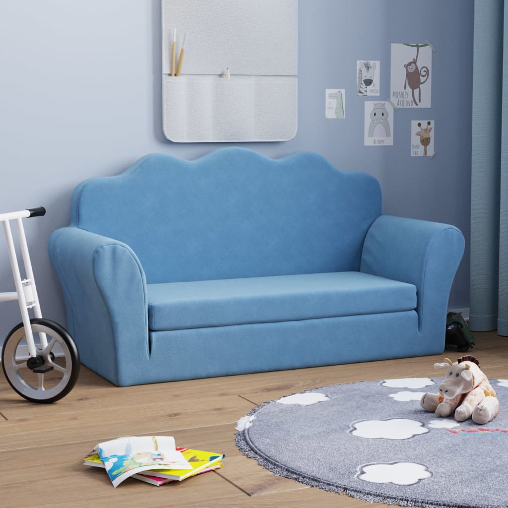 vida XL Kindersofa 2-Sitzer Blau Weich Plüsch