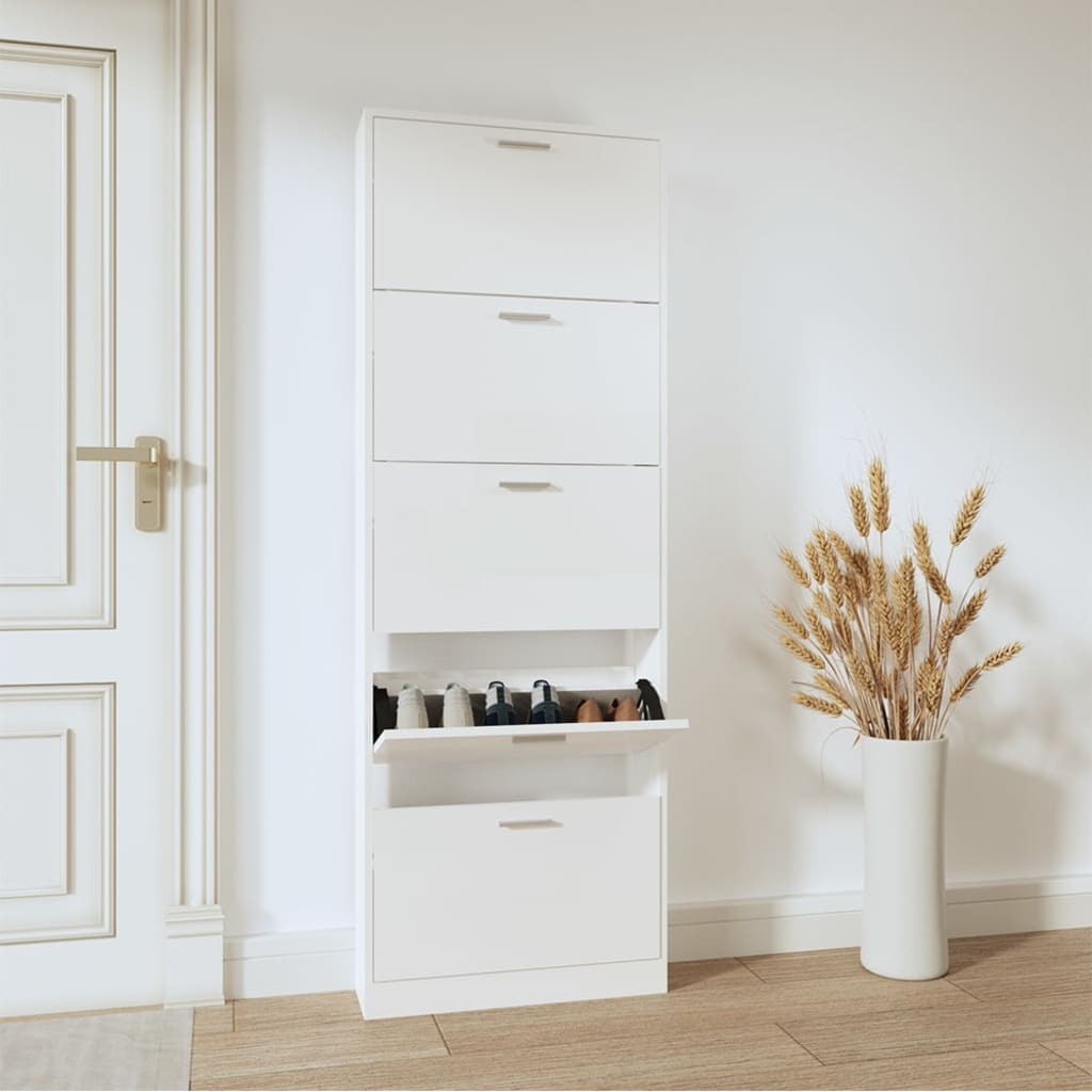 magasfényű fehér szerelt fa cipőszekrény 59 x 17 x 169 cm