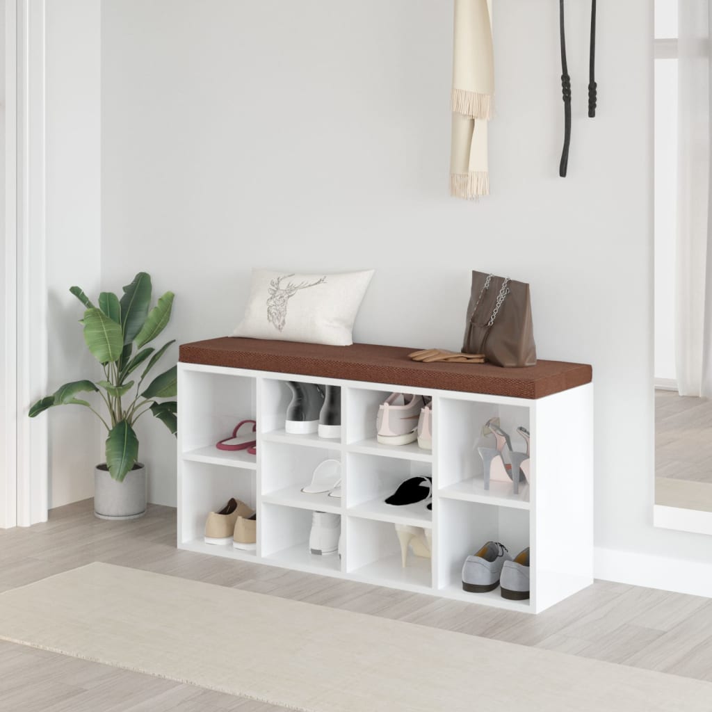 Magasfényű fehér szerelt fa cipőtároló pad 100x35x45 cm 
