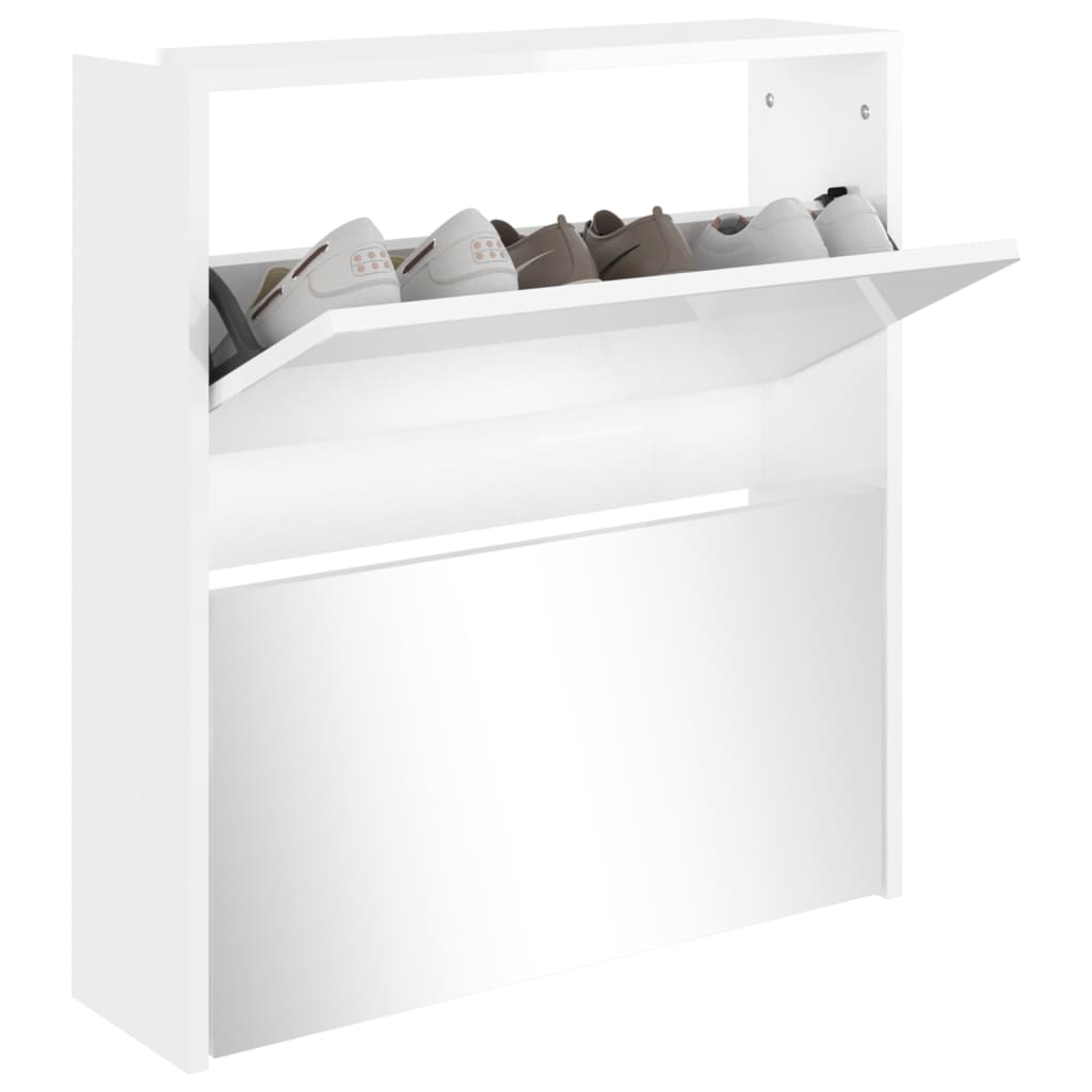 vidaXL Botník so zrkadlom 2-poschodový lesklý biely 63x17x67 cm