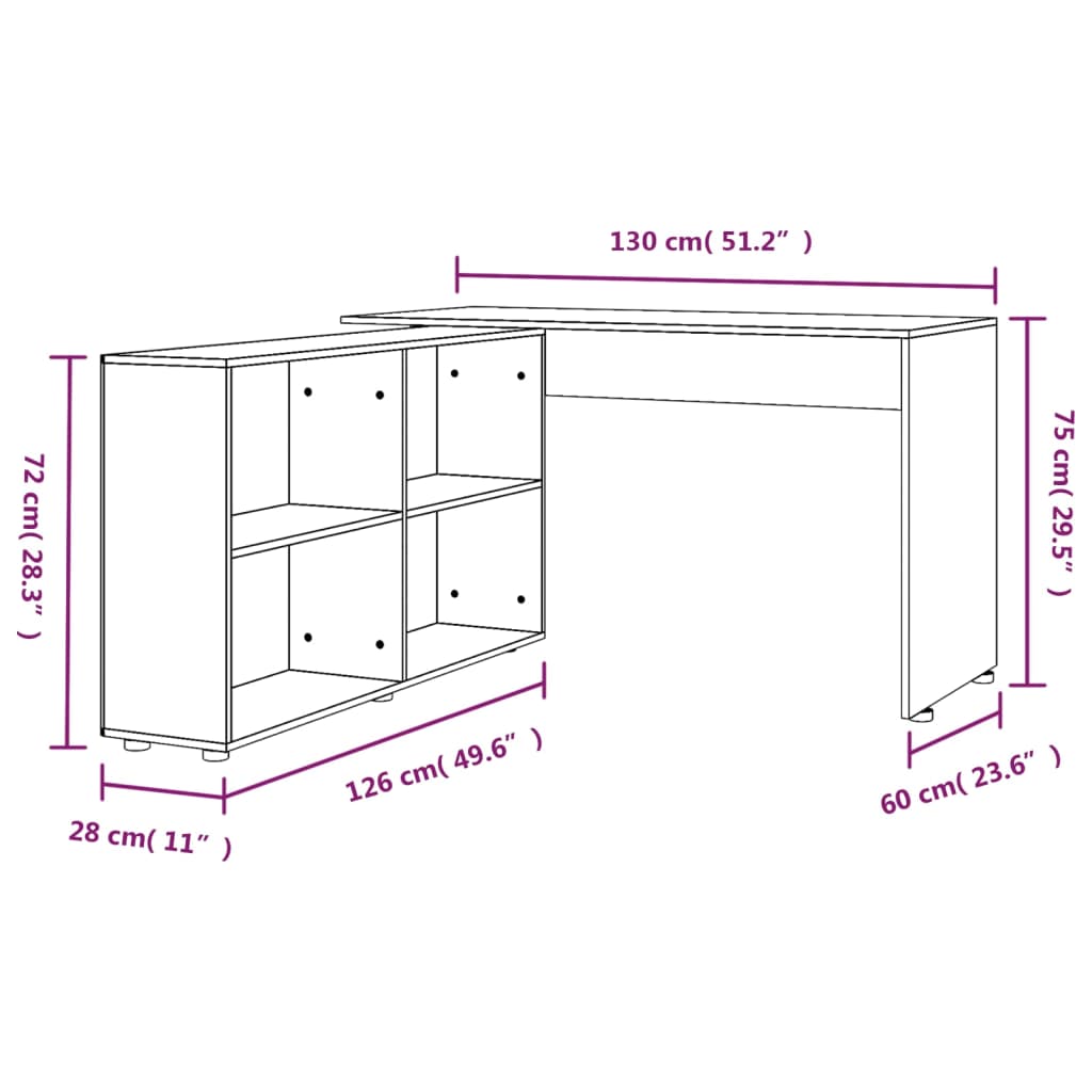 Scrivania Porta PC Angolare con Libreria 130x60x75 cm Bianca/Quercia vidaXL