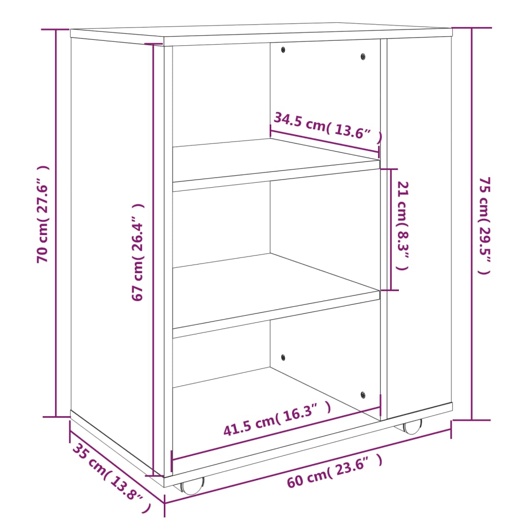 imagem de vidaXL Móvel com rodas 60x35x75 cm derivados de madeira sonoma cinza11