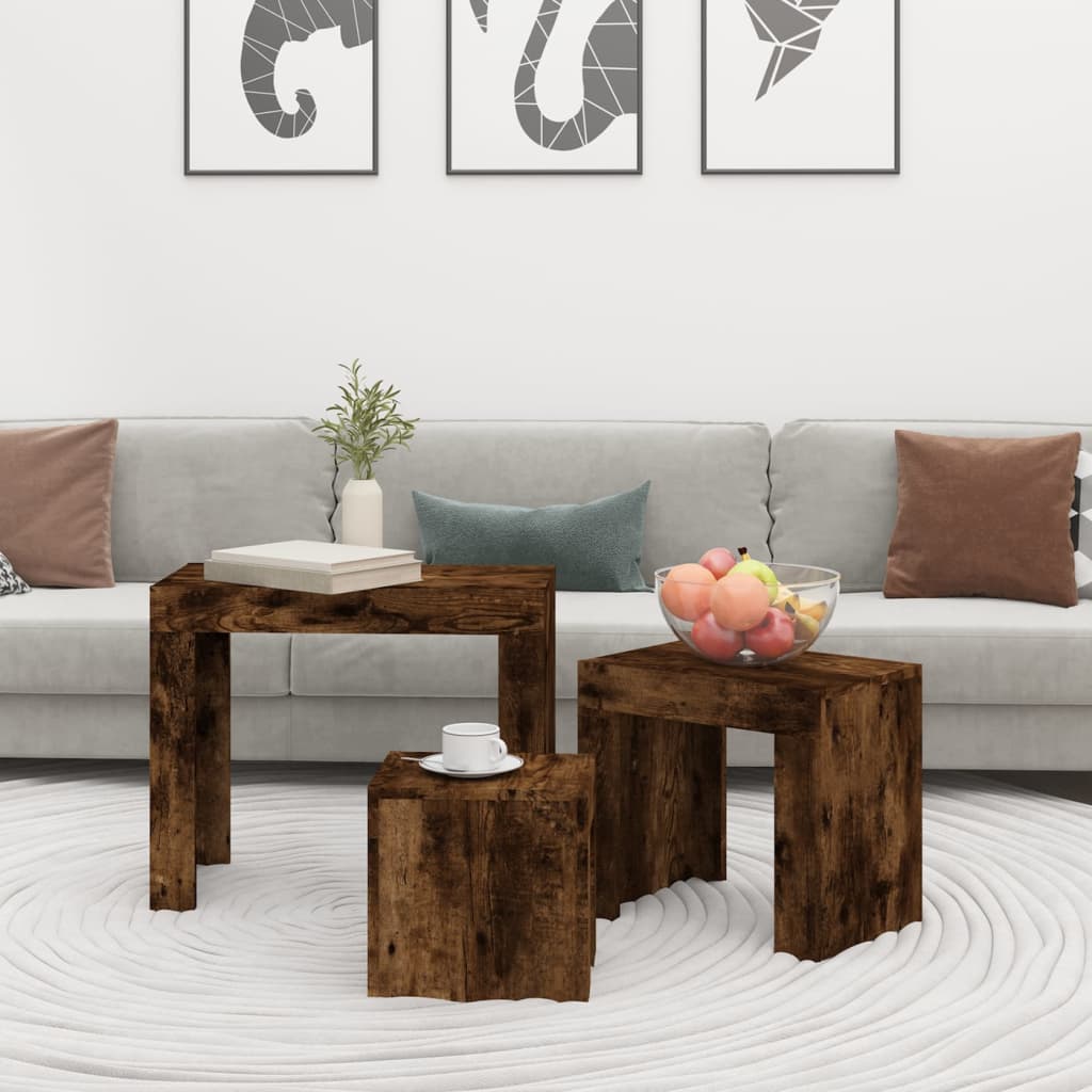 vidaXL 3-delige Tafeltjesset bewerkt hout gerookt eikenkleurig afbeelding
