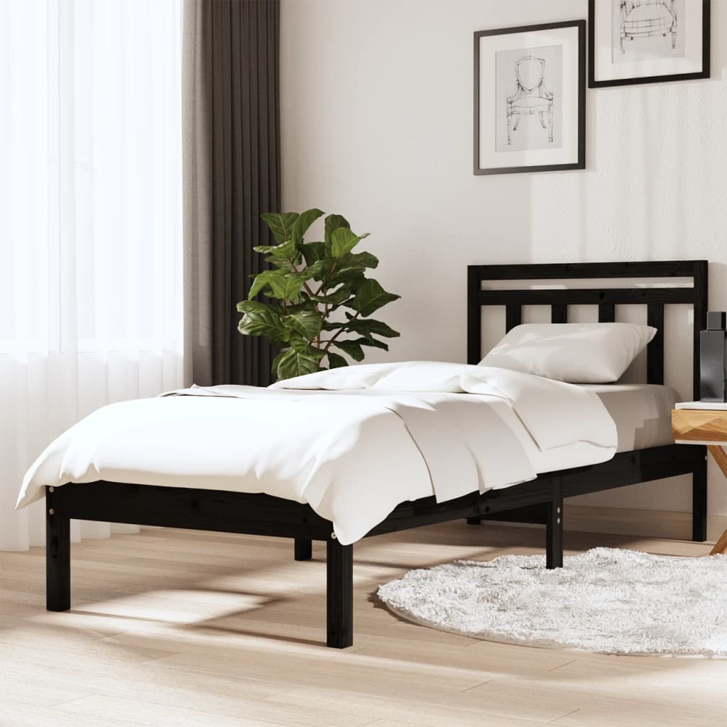 Cadru de pat Small Single UK 2FT6, negru, 75x190 cm, lemn masiv