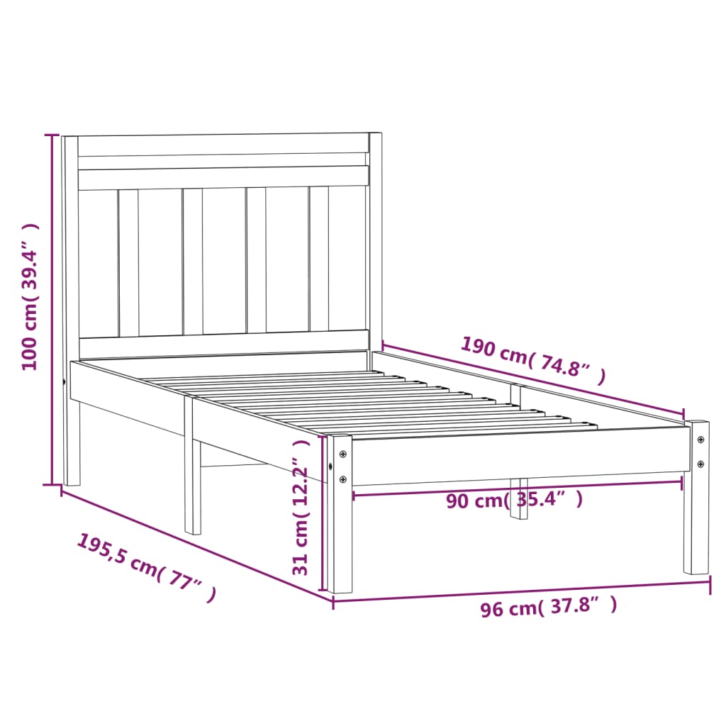 Cadru de pat Single 3FT, 90x190 cm, lemn masiv