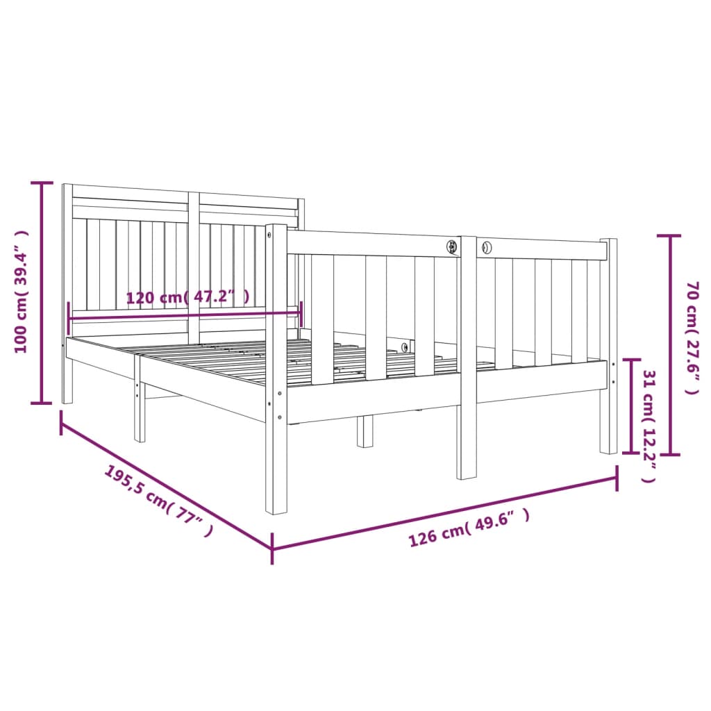 Cadru de pat Small Double 4FT, negru, 120x190 cm, lemn masiv