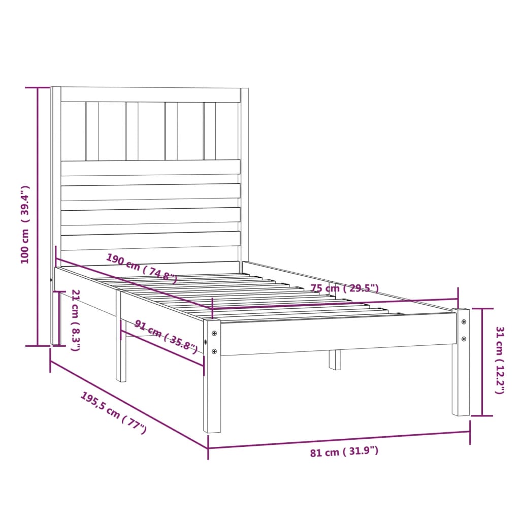 Cadru de pat Small Single, negru, 75x190 cm, lemn masiv de pin