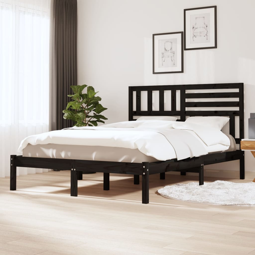 vidaXL Cadru de pat dublu 4FT6, negru, 135x190 cm, lemn masiv pin