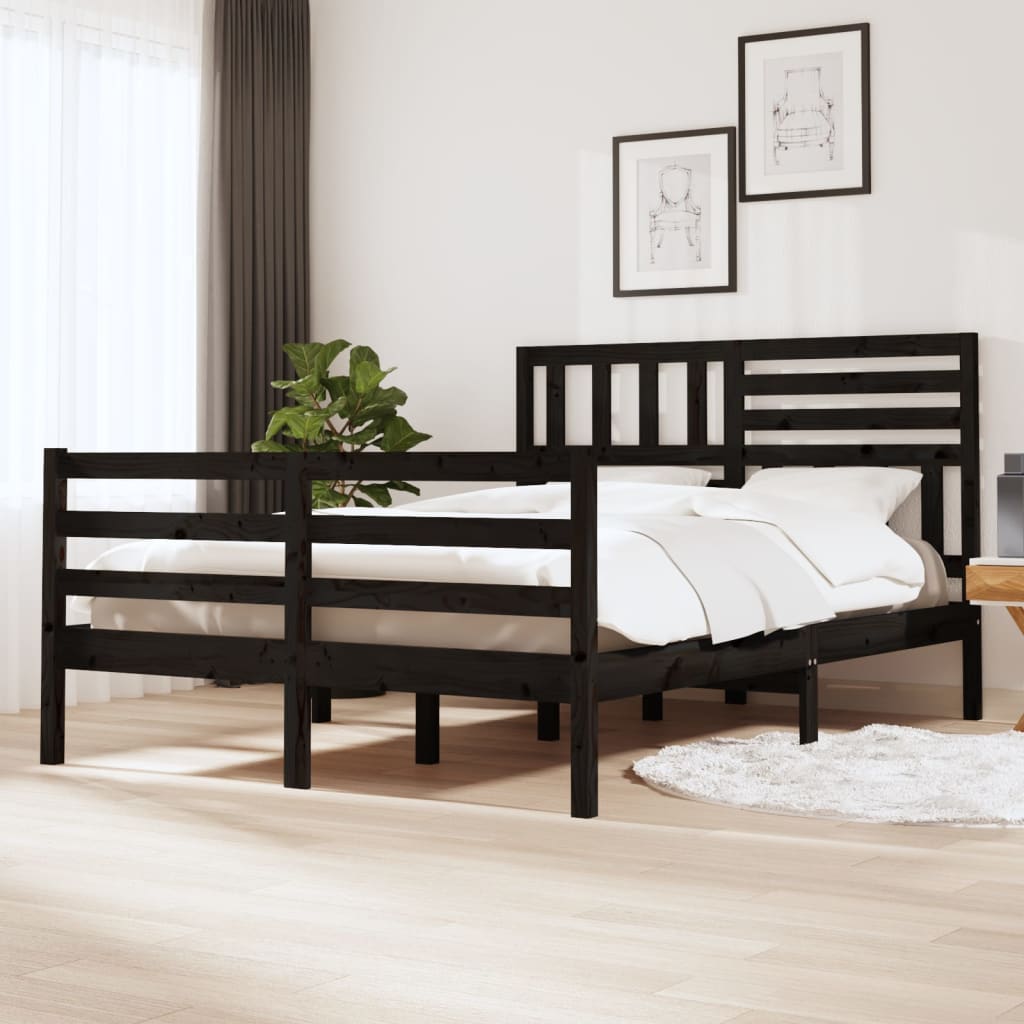 vidaXL Cadru de pat dublu 4FT6, negru, 135×190 cm, lemn masiv vidaXL