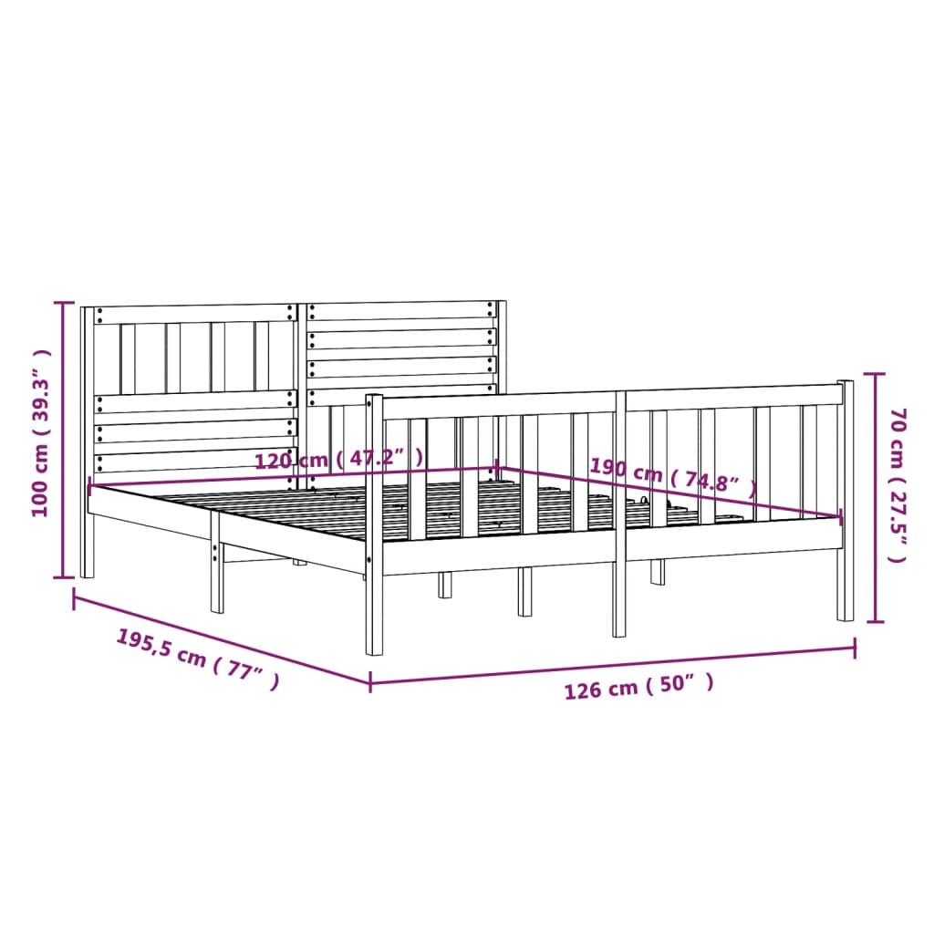 Cadru de pat Small Double 4FT, alb, 120x190 cm, lemn masiv