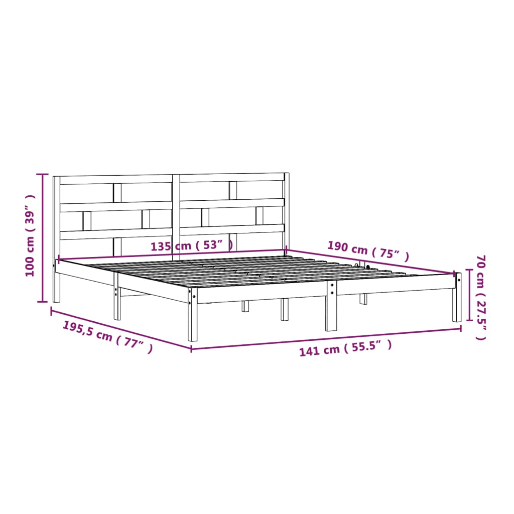 Cadru de pat dublu 4FT6, negru, 135x190 cm, lemn masiv