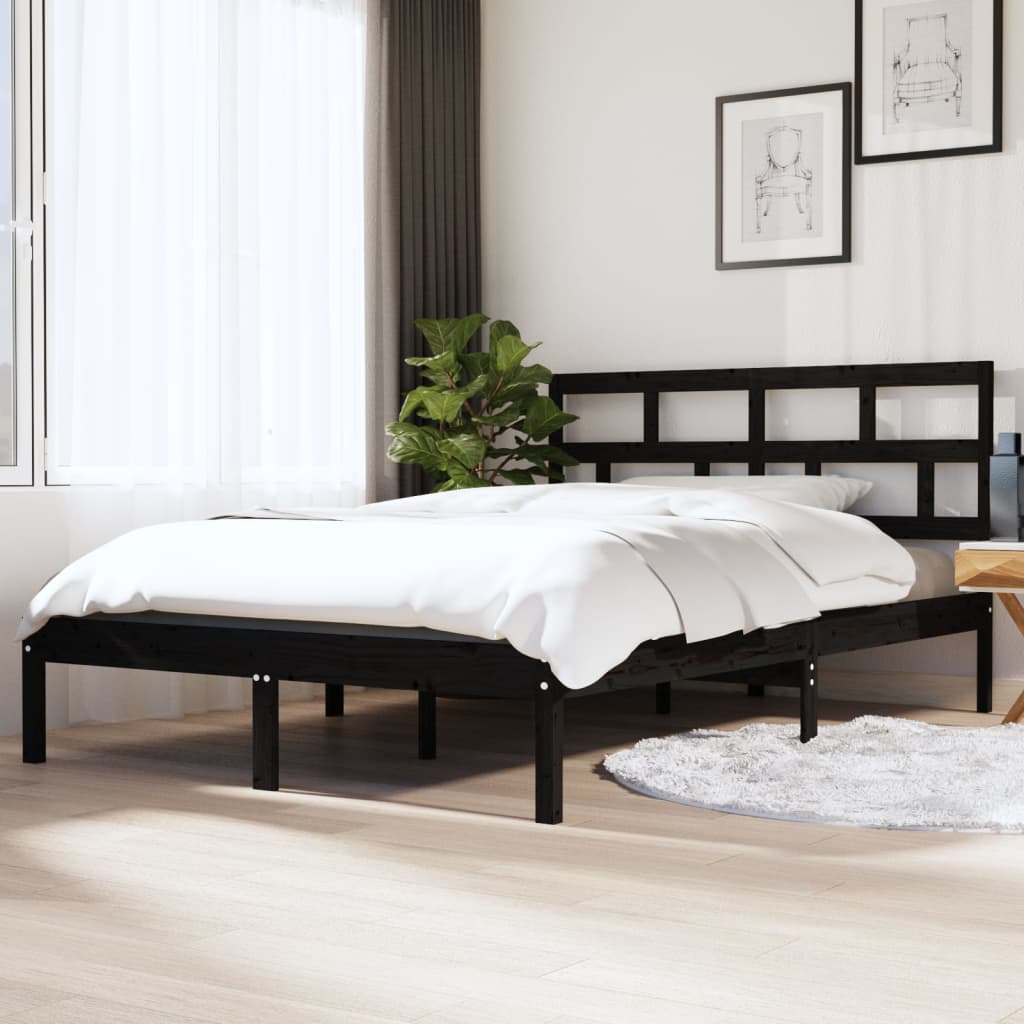 vidaXL Cadru de pat dublu 4FT6, negru, 135x190 cm, lemn masiv