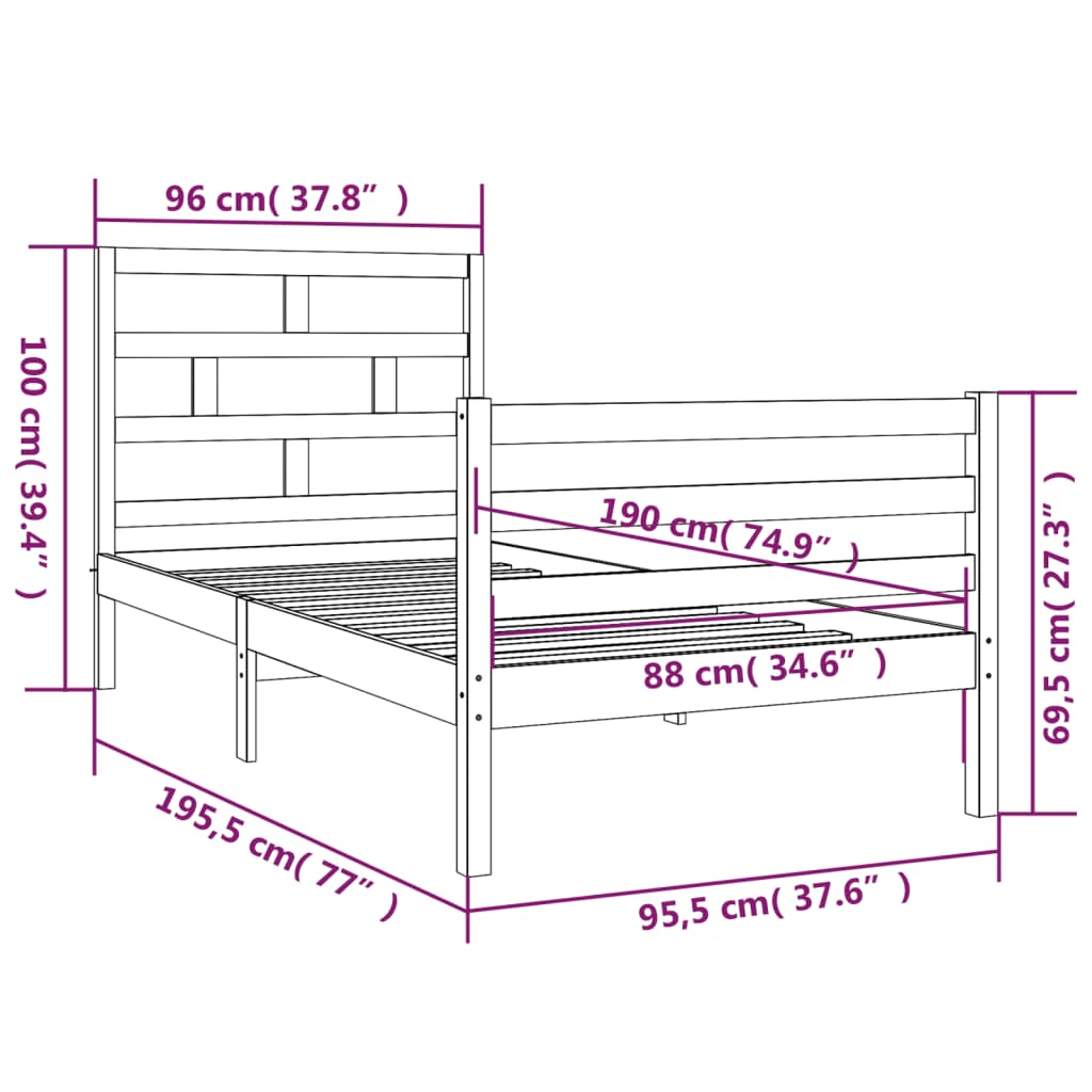 Cadru de pat Single 3FT, alb, 90x190 cm, lemn masiv