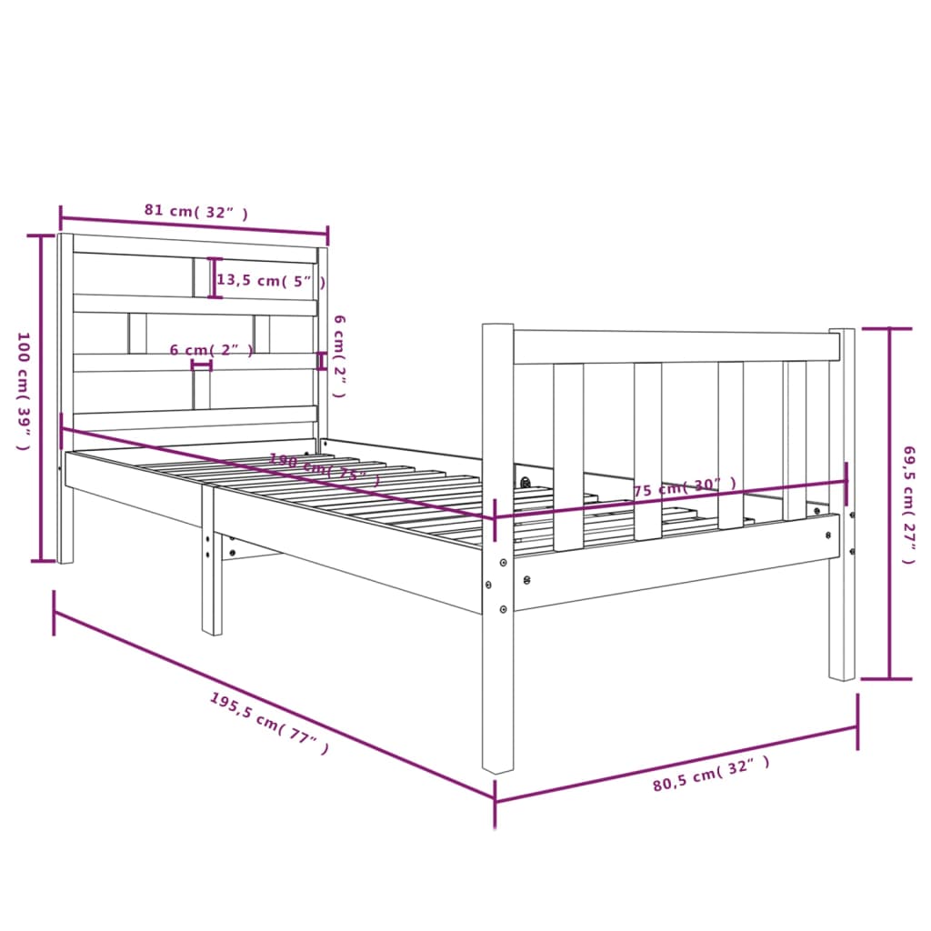 Posteljni okvir iz borovine 75x190 cm 2FT6