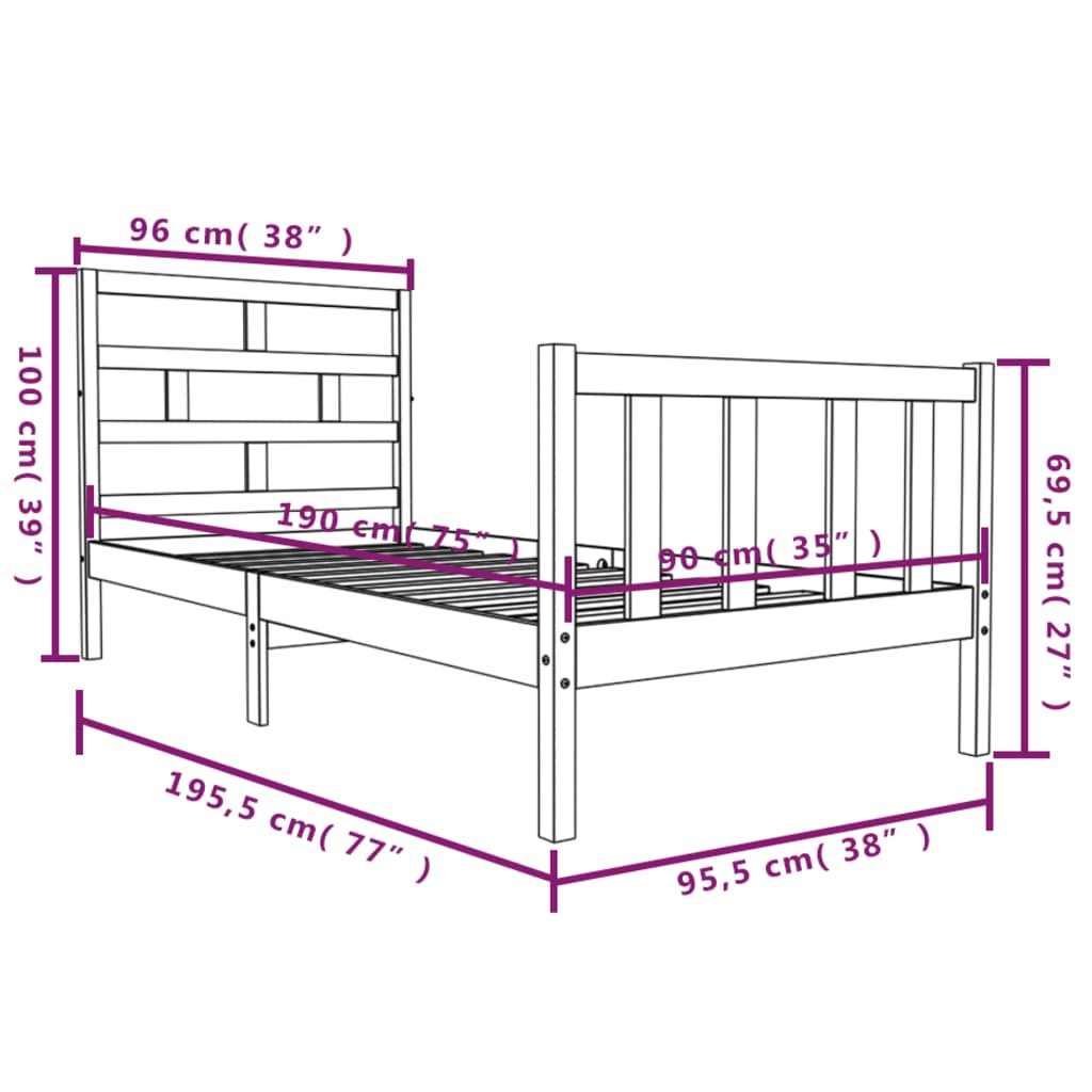 Cadru de pat single, negru, 90x190 cm, lemn masiv de pin