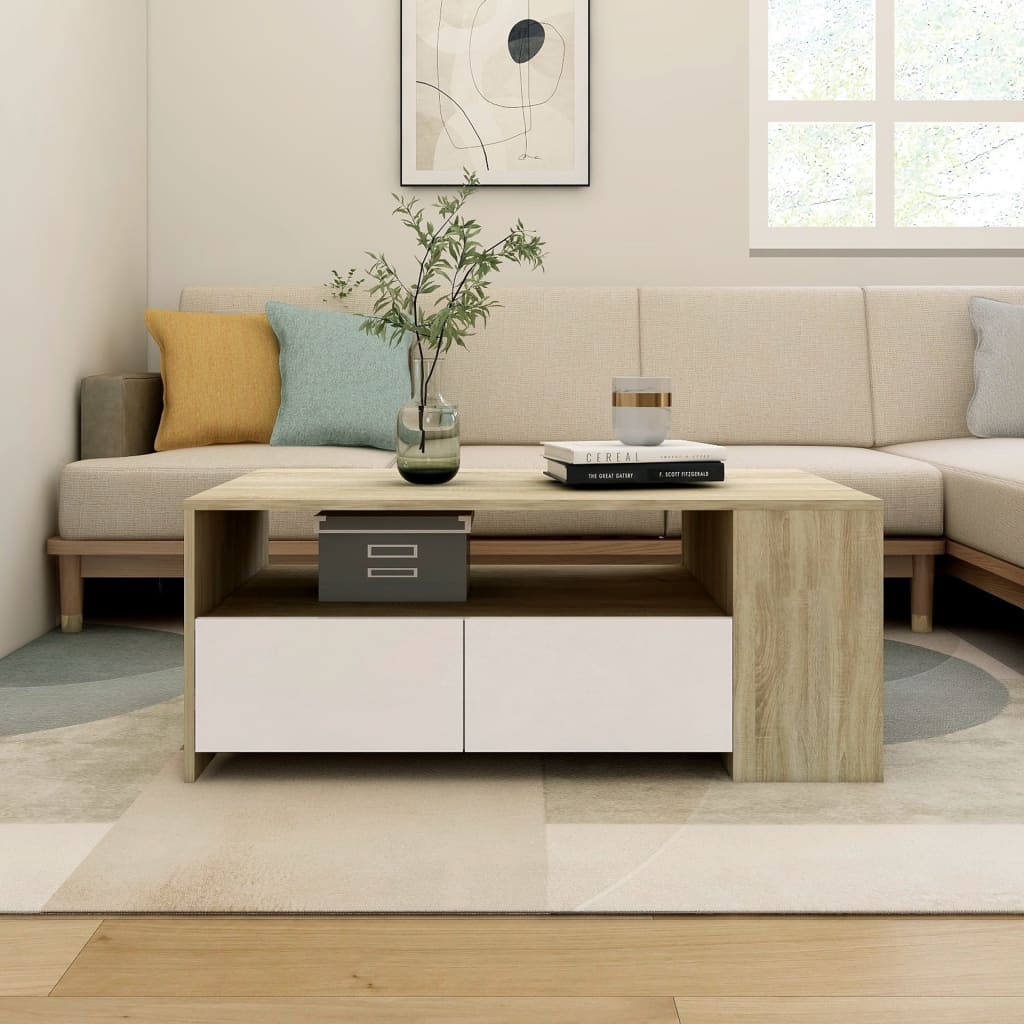 VIDAXL Salontafel 102x55x42 cm bewerkt hout wit en sonoma eikenkleurig online kopen