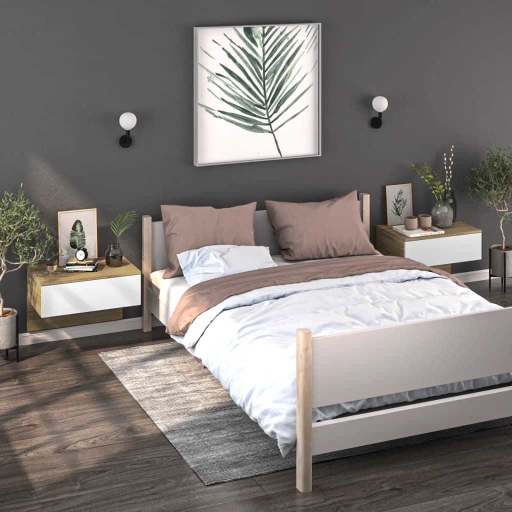 vidaXL Väggmonterat sängbord vit och sonoma-ek