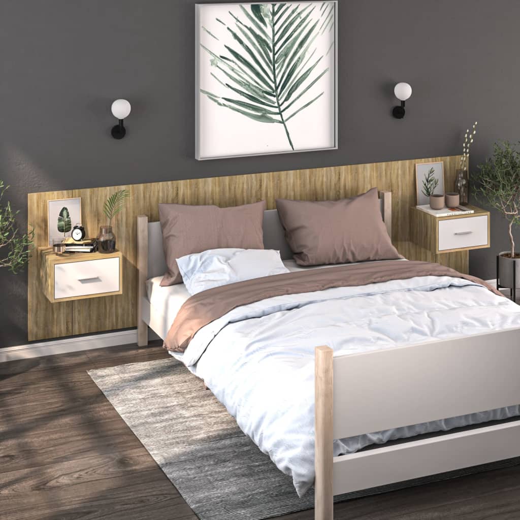 

vidaXL Wandnachtkastje bewerkt hout wit en sonoma eikenkleurig