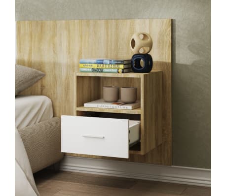 vidaXL Prie sienos montuojama naktinė spintelė, baltos/ąžuolo spalvos