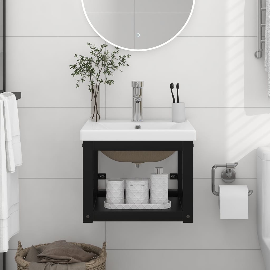 vidaXL Cadru chiuvetă de baie, cu lavoar încorporat, negru, fier