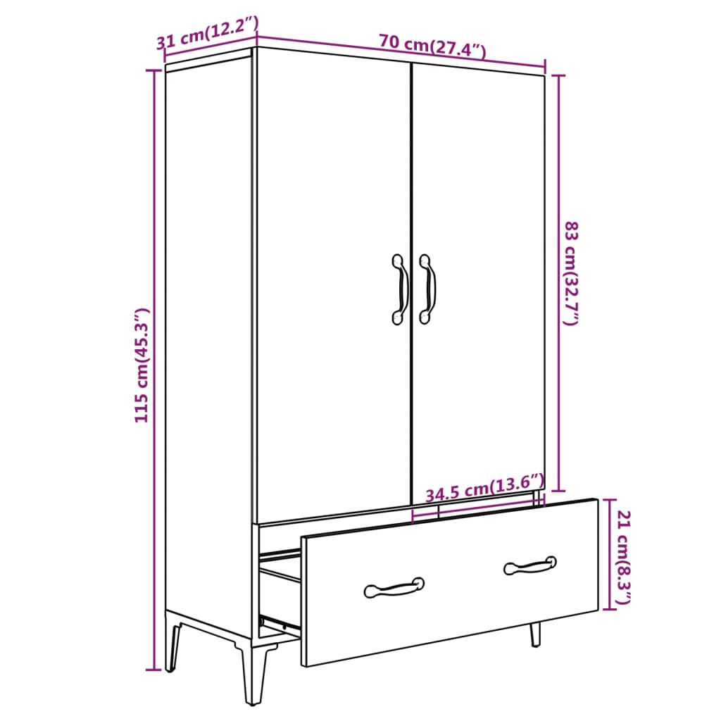 Visoka omarica bela 70x31x115 cm inženirski les