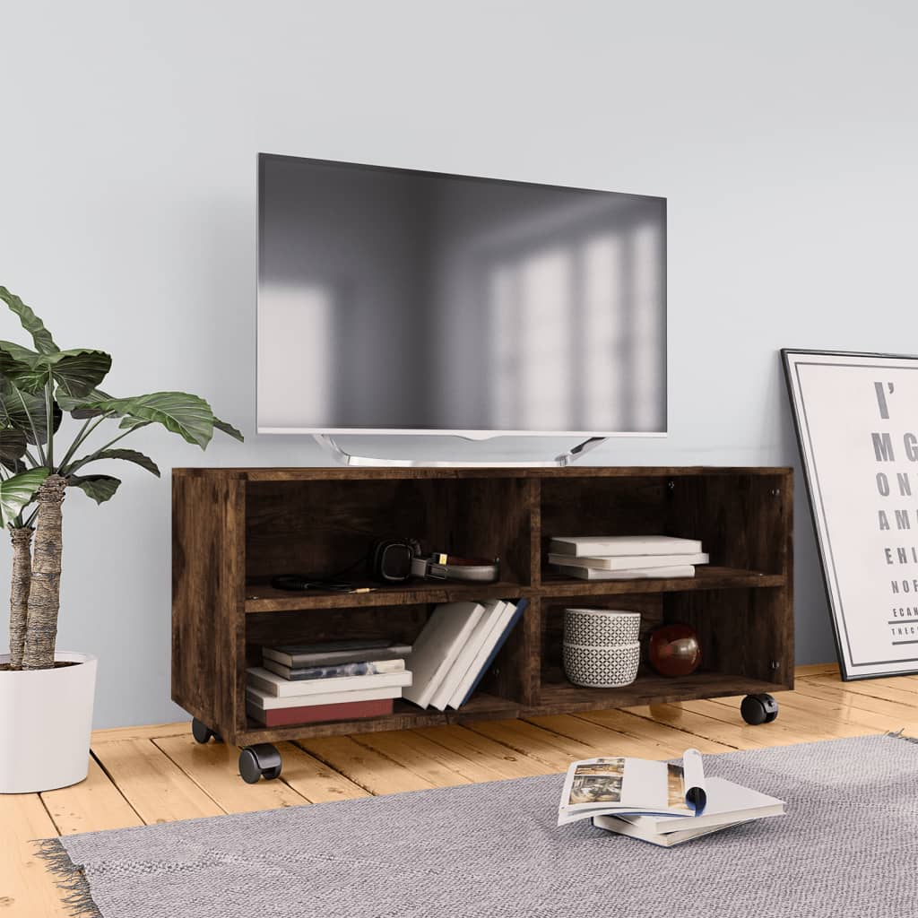 vidaXL Comodă TV cu roți, stejar fumuriu, 90x35x35 cm, lemn prelucrat