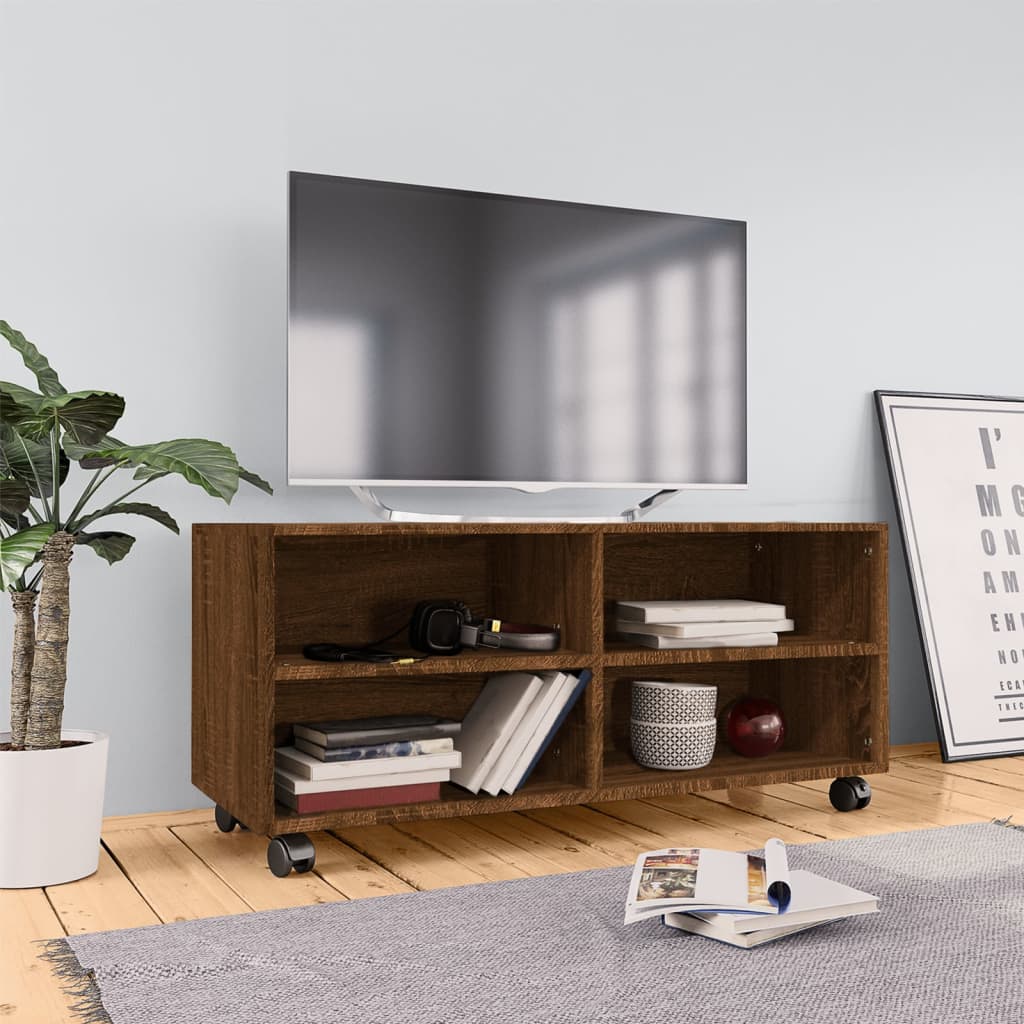 vidaXL tv-bord med hjul 90x35x35 cm konstrueret træ brun egetræsfarve
