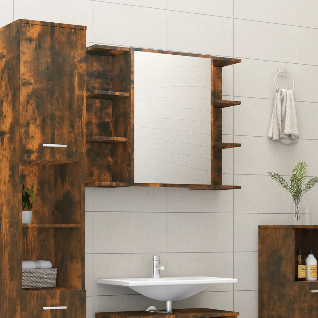 vidaXL badeværelsesskab + spejl 80x20,5x64 cm konstrueret træ røget eg