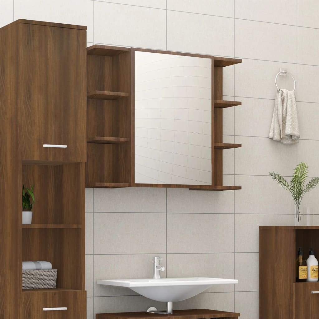 vidaXL badeværelsesskab + spejl 80x20,5x64 cm konstrueret træ brunt eg