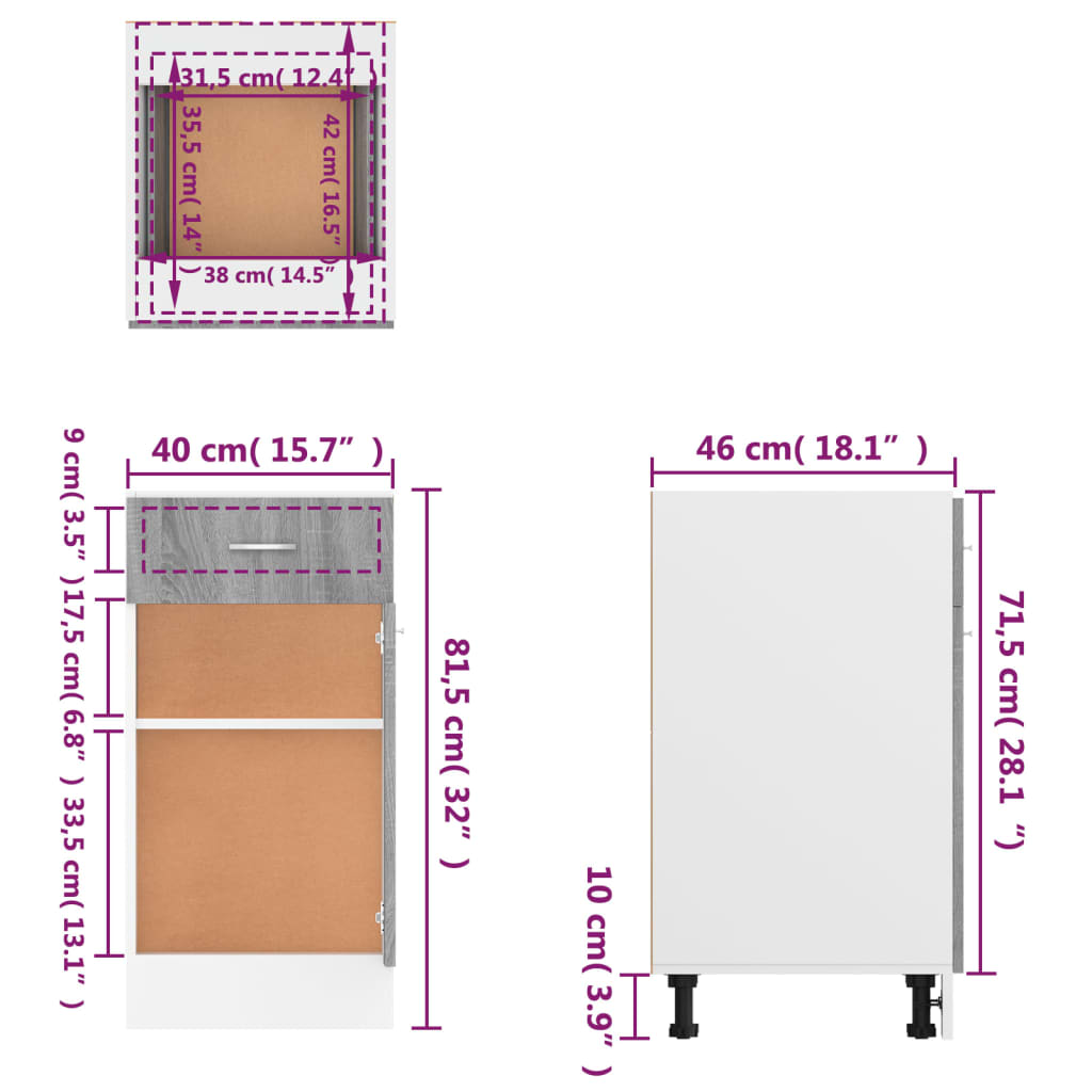 Dulap inferior cu sertar gri sonoma 40x46x81,5cm lemn prelucrat
