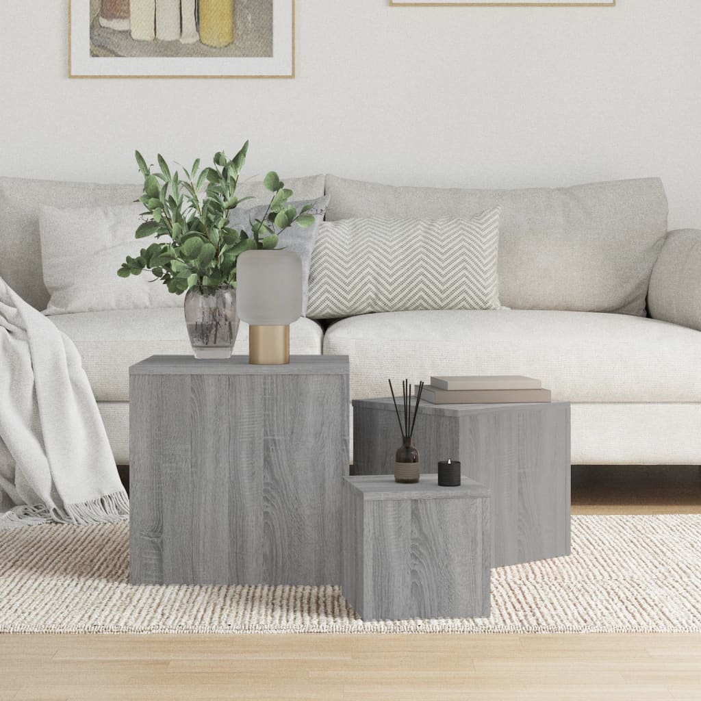 vida XL Beistelltische 3 Stk. Grau Sonoma Holzwerkstoff